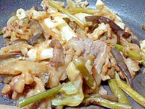 豚肉とにんにくの芽となすの焼き肉のタレ炒め